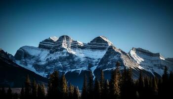 maestoso montagna picco nel alberta, un' tranquillo inverno Paese delle meraviglie generato di ai foto