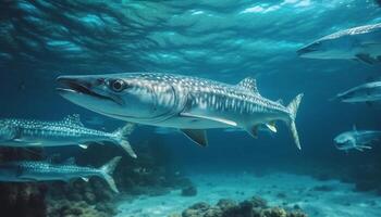 maestoso pesce nuotare nel il in profondità blu mare, subacqueo avventura generato di ai foto