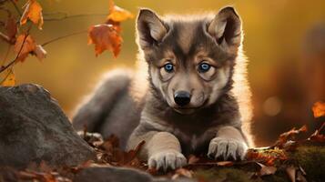 carino cucciolo di alaskan malamute nel autunno foresta foto