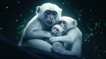 scimmia famiglia su il buio notte sfondo foto