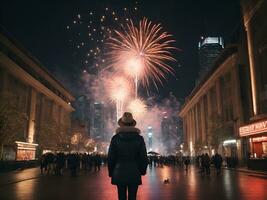 celebrare il nuovo anno, un' città con fuochi d'artificio, ai generato foto