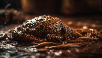 un' carino cane guardare a un' fatti in casa cioccolato dolce su tavolo generato di ai foto