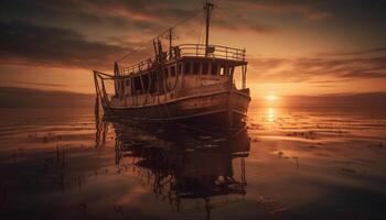 tramonto al di sopra di tranquillo acqua, nautico nave riflette bellezza nel natura generato di ai foto