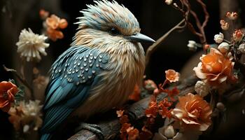 un' colorato uccello perching su un' ramo, circondato di natura generato di ai foto