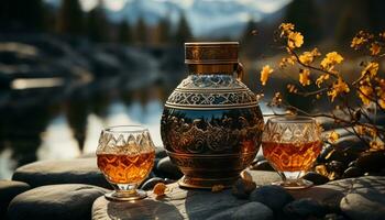 whisky bicchiere su di legno tavolo, all'aperto, natura, rilassamento, celebrazione generato di ai foto