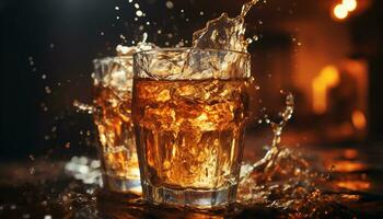 whisky flussi, ghiaccio schizzi, bicchiere riflette, festa festeggia, liquido rinfresca generato di ai foto