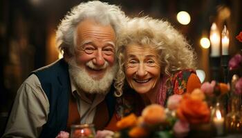 anziano adulti sorridente, Due uomini e donne, festeggiare la pensione insieme generato di ai foto