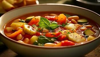 fresco verdura la minestra, un' salutare fatti in casa vegetariano pranzo su di legno tavolo generato di ai foto