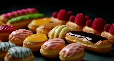 fatti in casa buongustaio dolce un' pila di colorato bacca pieno pasticcini generato di ai foto