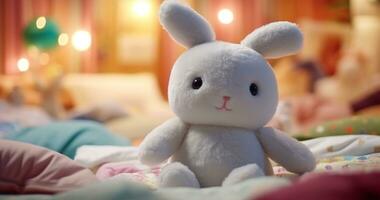 carino animale giocattolo decorazione soffice coniglio letto nel Camera da letto generato di ai foto