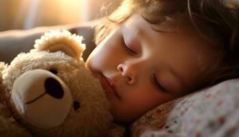 un' carino bambino addormentato con un' orsacchiotto orso, puro innocenza generato di ai foto