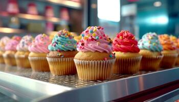 Multi colorato cupcakes con glassatura e caramella decorazioni, un' dolce indulgenza generato di ai foto