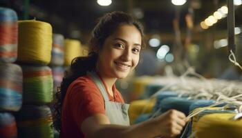 sorridente giovane donna, proprietario di piccolo tessile officina, guardare fiducioso generato di ai foto