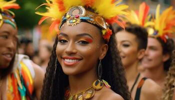 sorridente donne nel tradizionale capi di abbigliamento celebrare brasiliano cultura con samba danza generato di ai foto