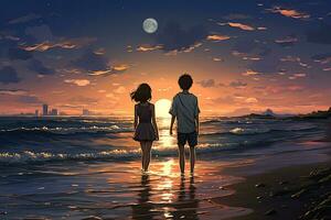 giovane coppia a piedi su il spiaggia a notte con pieno Luna nel il cielo, mestiere un intimo anime Immagine di il giovane ragazzo e ragazze su il spiaggia, ai generato foto