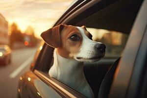 Jack russell terrier cane nel un' auto a tramonto, Jack russell terrier cane nel un' auto su il strada, ai generato foto