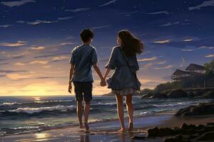 coppia a piedi su il spiaggia a tramonto, 3d rendere illustrazione, mestiere un intimo anime Immagine di il giovane ragazzo e ragazze su il spiaggia, ai generato foto