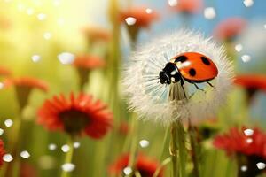 bellissimo coccinella su dente di leone fiore, avvicinamento, coccinella su dente di leone fiore avvicinamento. natura sfondo, ai generato foto