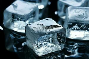 cristallo chiaro ghiaccio cubi, ogni baciato di scintillante acqua goccioline abbraccio ai generato foto