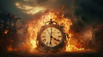 grande orologio bruciato su fuoco, surrealismo concetto, tempo correre su concetto, tempo gestione foto