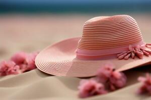 cappello nel il sabbia un' vacanza umore convogliato con un' rosa cannuccia cappello ai generato foto