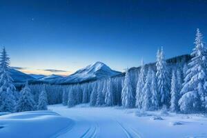 inverno con fresco neve coperto foreste e montagne a notte. sfondo. ai generativo professionista foto