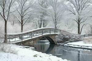 inverno a il giardino, mostrando un' ponte al di sopra di congelato acqua e alberi coperto con neve. sfondo. ai generativo professionista foto