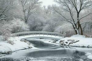 inverno a il giardino, mostrando un' ponte al di sopra di congelato acqua e alberi coperto con neve. sfondo. ai generativo professionista foto