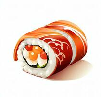 cartone animato Sushi rotolo è mostrato su un' bianca sfondo. superiore Visualizza. ai generativo foto