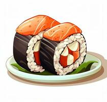 cartone animato Sushi rotolo è mostrato su un' bianca sfondo. superiore Visualizza. ai generativo foto