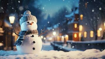 pupazzo di neve nel nevoso inverno notte con bellissimo blu cielo sfondo per festivo vacanza decorazione. generativo ai foto