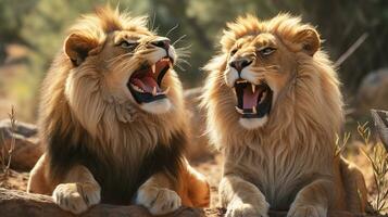 foto di da sciogliere il cuore Due leoni con un enfasi su espressione di amore. generativo ai