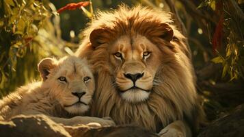 foto di da sciogliere il cuore Due leoni con un enfasi su espressione di amore. generativo ai