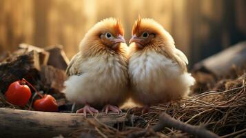 foto di da sciogliere il cuore Due polli con un enfasi su espressione di amore. generativo ai