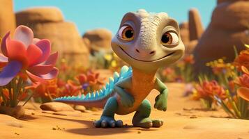 un' carino poco deserto iguana nel disney cartone animato stile. generativo ai foto