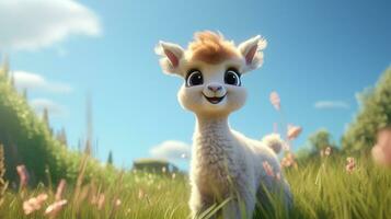 un' carino poco alpaca nel disney cartone animato stile. generativo ai foto