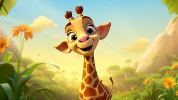 un' carino poco giraffa nel disney cartone animato stile. generativo ai foto