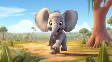 un' carino poco africano elefante nel disney cartone animato stile. generativo ai foto