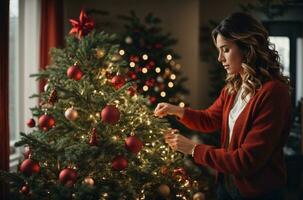 un' bellissimo donna con Natale albero, contento nuovo anno concetto, ai generato foto