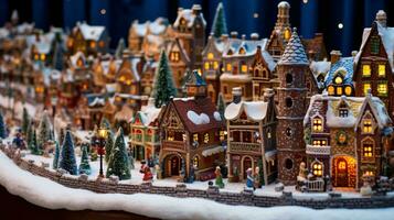 ai generativo Natale Pan di zenzero case e villaggio vicino su tiro di decorato Pan di zenzero biscotti foto