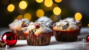 ai generativo vicino su tiro di Natale muffin con decorazioni e un' sfocato Natale sfondo foto