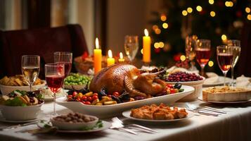 ai generativo Natale cena tavolo, meravigliosamente decorato con cremoso bokeh Natale luci nel il sfondo foto