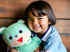 carino asiatico bambino con morbido giocattolo orso. ai generativo foto