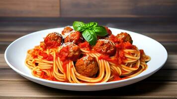 spaghetti con Polpette e pomodoro salsa nel piatto su di legno tavolo. ai generativo foto