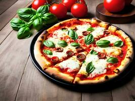 Pizza con Mozzarella, pomodori e basilico su di legno tavolo. ai generativo foto