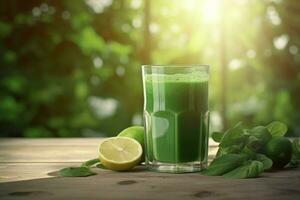 biologico verde spinaci frullato bicchiere su di legno tavolo. creare ai foto