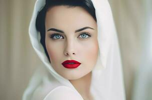 bellissimo donna con rosso labbra e bianca mantello. creare ai foto