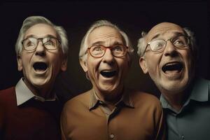 ritratto di eccitato anziano uomini udito suoni. creare ai foto