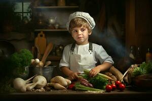 entusiasta cucinare bambino ragazzo cucina. creare ai foto
