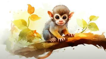 un' carino poco scoiattolo scimmia nel acquerello stile. generativo ai foto